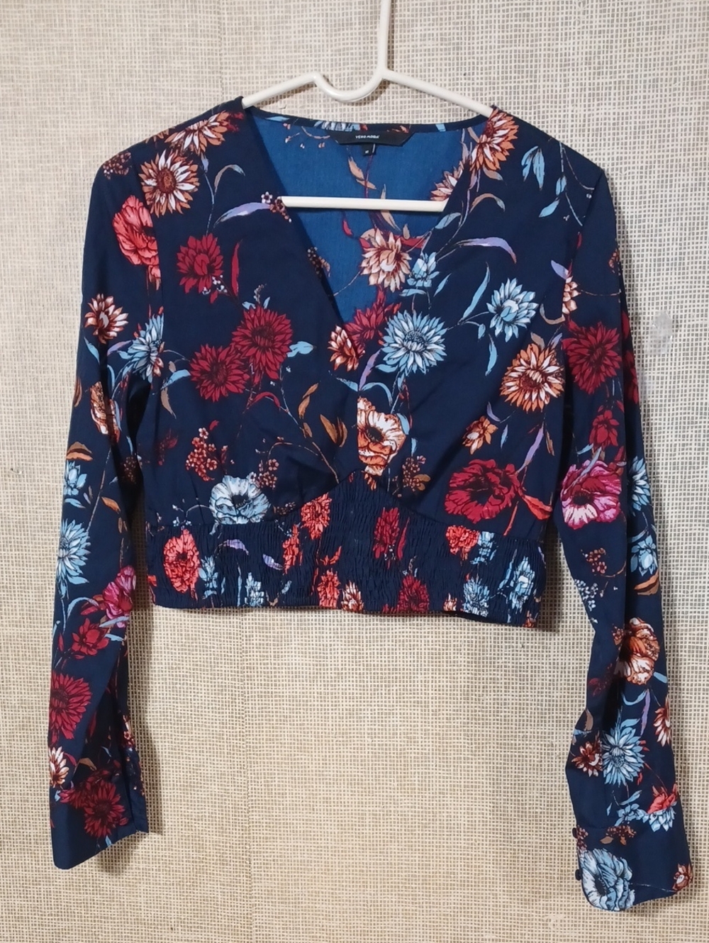 Vero Moda Navy Floral V-Neck Long Sleeve Crop Top